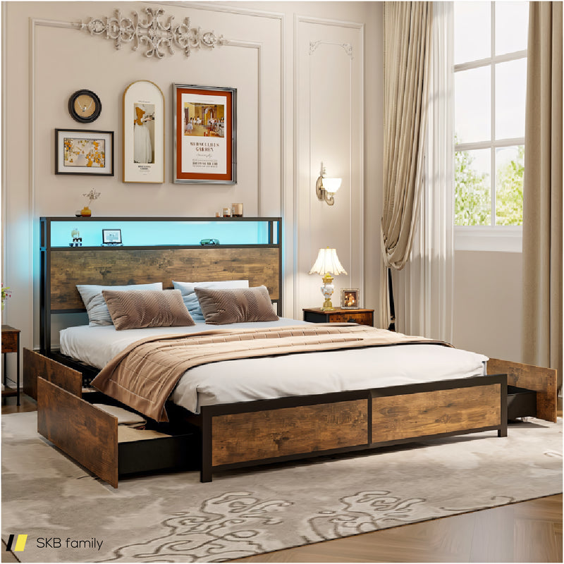 Full/Queen Size Bed Frame With Smart Led Lights And Storage Drawers 240615-229269