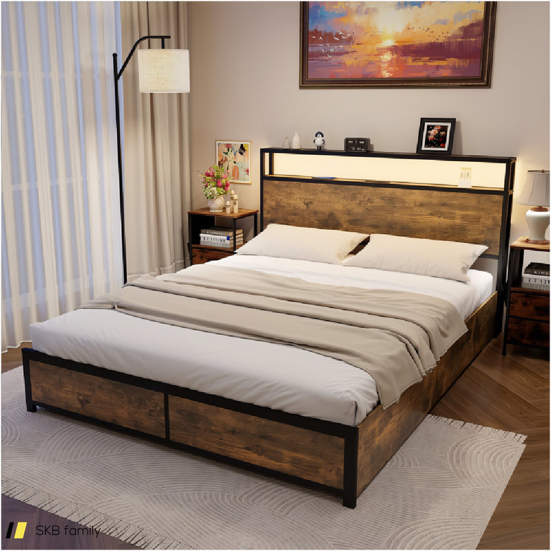 Full/Queen Size Bed Frame With Smart Led Lights And Storage Drawers 240615-229269