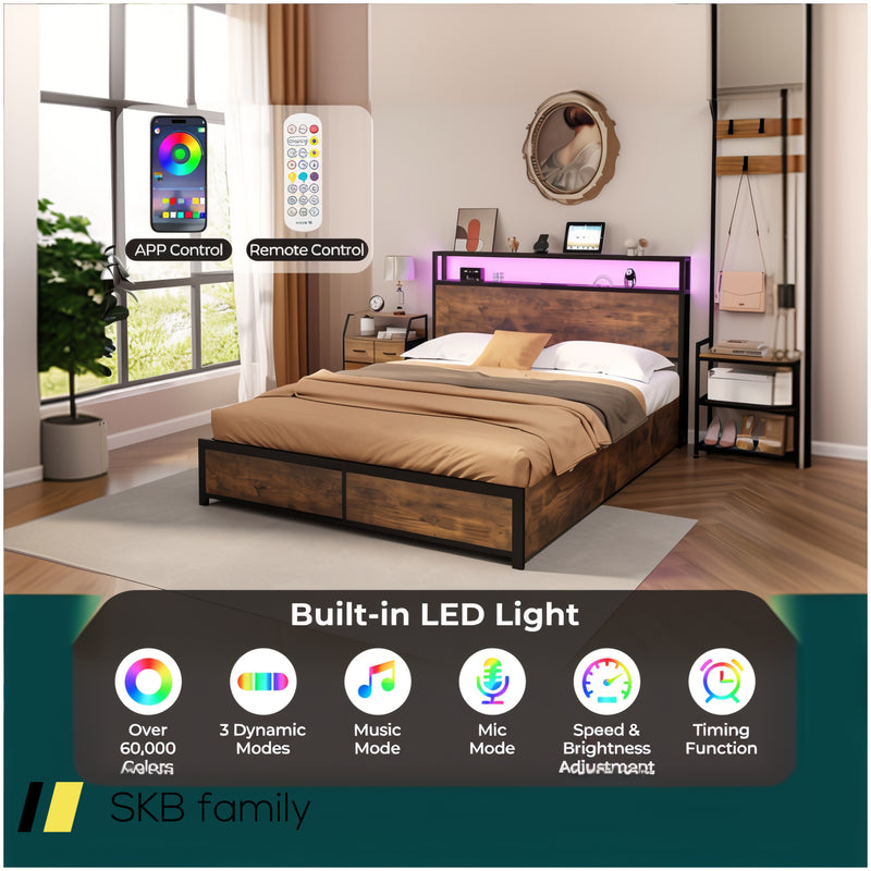 Full/Queen Size Bed Frame With Smart Led Lights And Storage Drawers 240615-229269