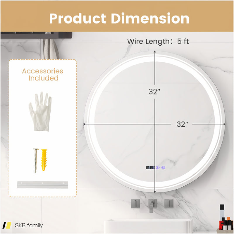 Anti-Fog Round Led Bathroom Mirror With 3 Color Led Lights 240615-229274