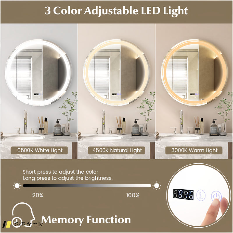 Anti-Fog Round Led Bathroom Mirror With 3 Color Led Lights 240615-229274