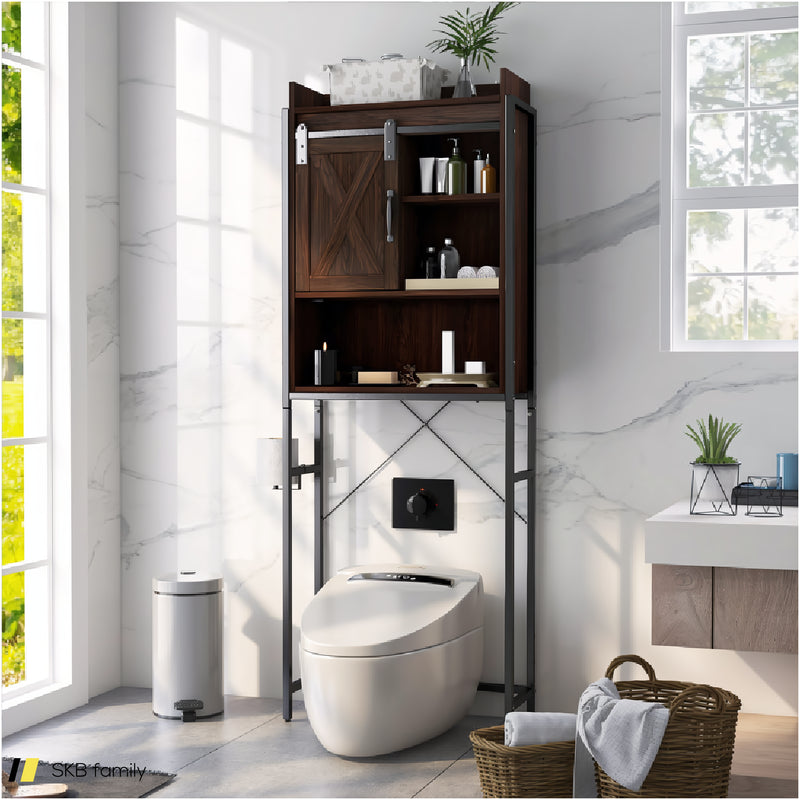 4-Tier Multifunctional Toilet Storage Cabinet With Adjustable Shelf And Sliding Barn Door 240615-229281