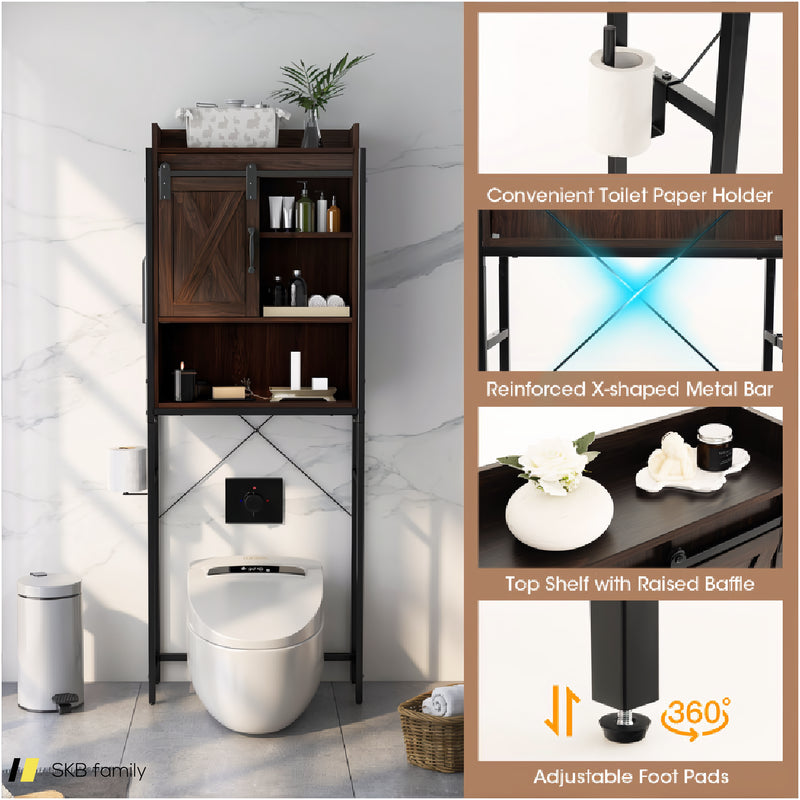 4-Tier Multifunctional Toilet Storage Cabinet With Adjustable Shelf And Sliding Barn Door 240615-229281