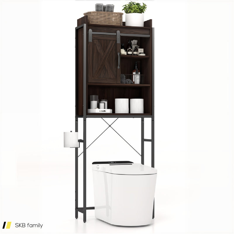 4-Tier Multifunctional Toilet Storage Cabinet With Adjustable Shelf And Sliding Barn Door 240615-229281