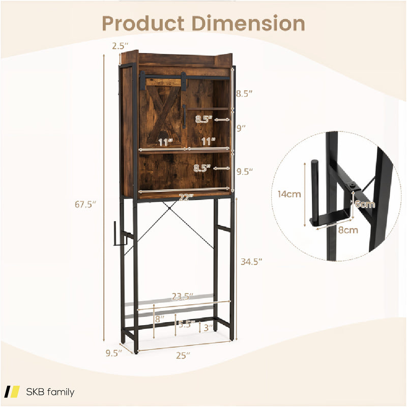 4-Tier Multifunctional Toilet Storage Cabinet With Adjustable Shelf And Sliding Barn Door 240615-229281