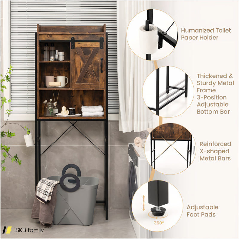 4-Tier Multifunctional Toilet Storage Cabinet With Adjustable Shelf And Sliding Barn Door 240615-229281