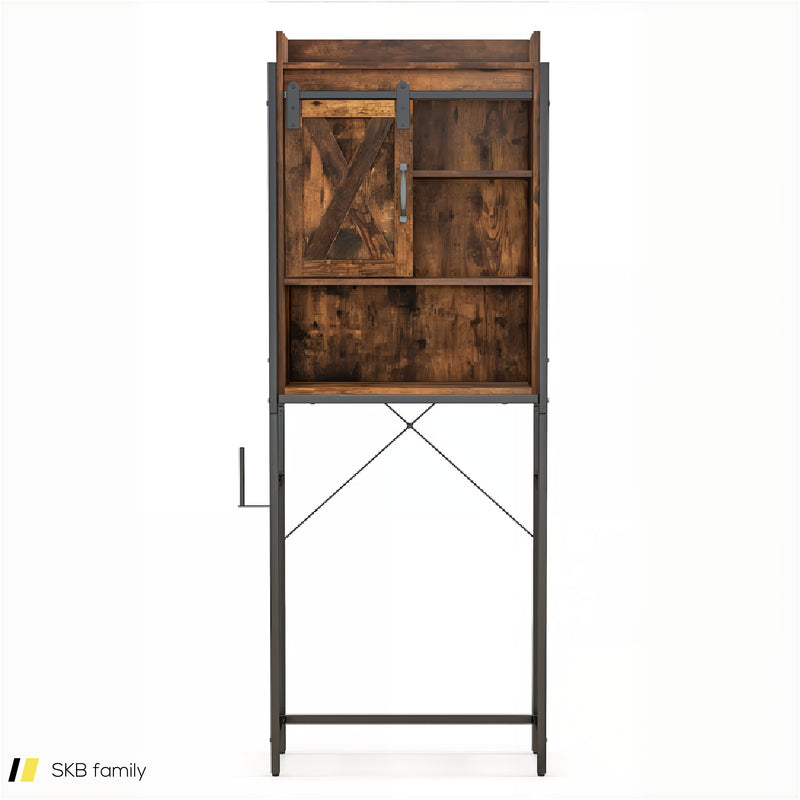 4-Tier Multifunctional Toilet Storage Cabinet With Adjustable Shelf And Sliding Barn Door 240615-229281