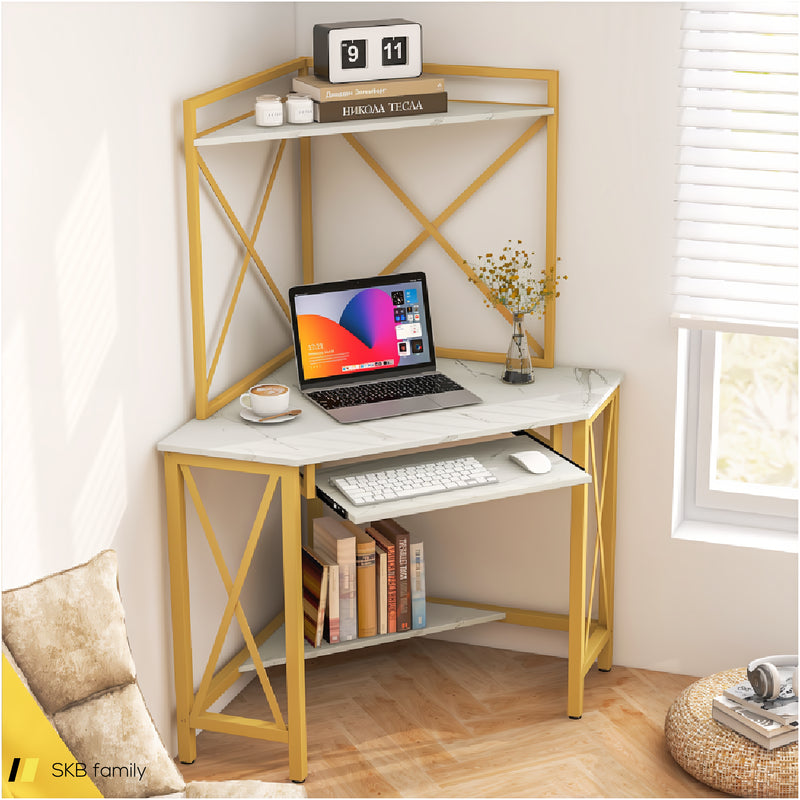 Space-Saving Corner Computer Desk With With Hutch And Keyboard Tray 240615-229284