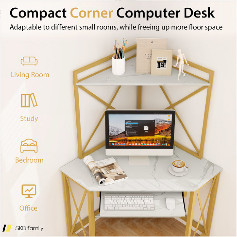 Space-Saving Corner Computer Desk With With Hutch And Keyboard Tray 240615-229284