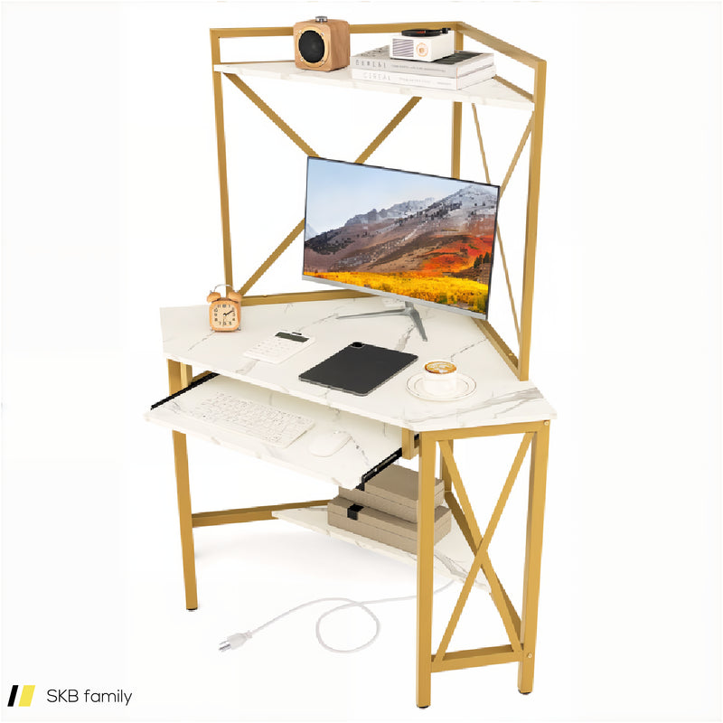 Space-Saving Corner Computer Desk With With Hutch And Keyboard Tray 240615-229284