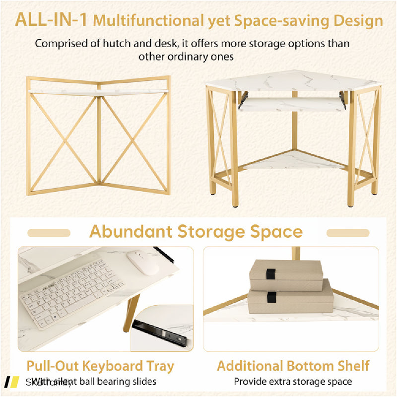 Space-Saving Corner Computer Desk With With Hutch And Keyboard Tray 240615-229284