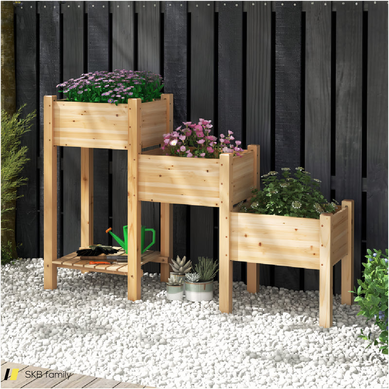 3-Tier Wooden Raised Garden Bed With Open Storage Shelf 240615-229286