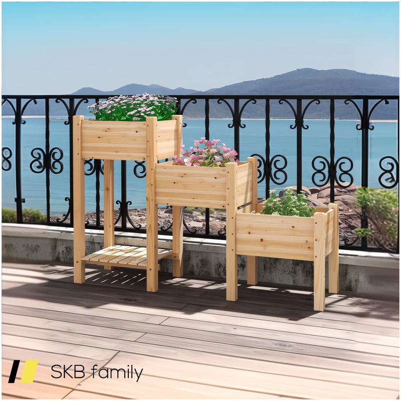 3-Tier Wooden Raised Garden Bed With Open Storage Shelf 240615-229286