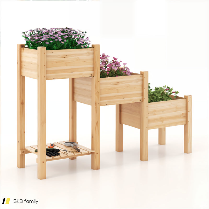 3-Tier Wooden Raised Garden Bed With Open Storage Shelf 240615-229286