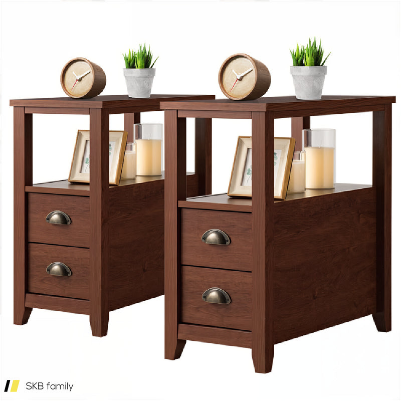 2 Pieces Wooden Bed-Side Nightstand Set With 2 Drawers 240615-229303