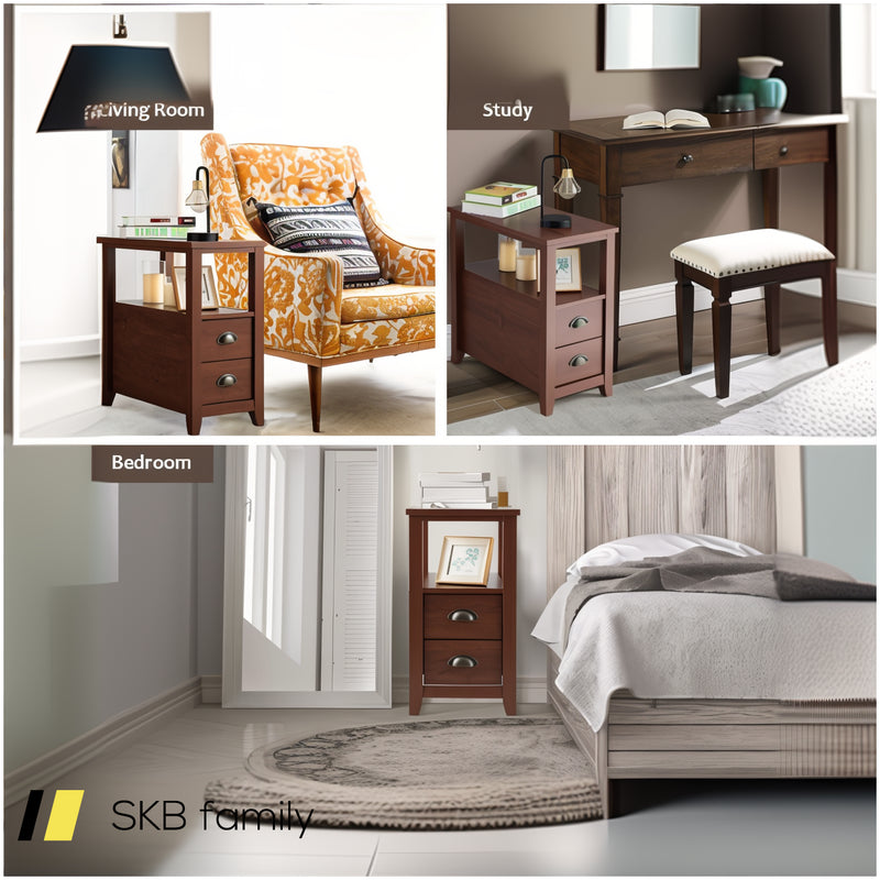 2 Pieces Wooden Bed-Side Nightstand Set With 2 Drawers 240615-229303