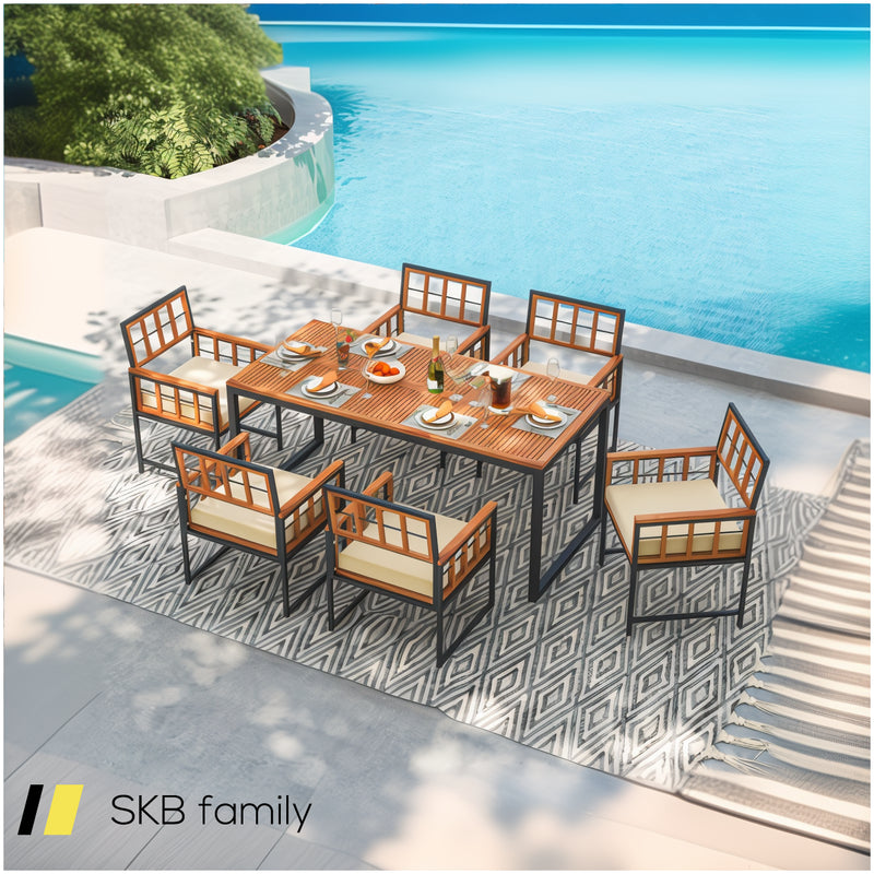 7 Pieces Patio Acacia Wood Dining Set With Soft Cushions And Umbrella Hole 240615-229308