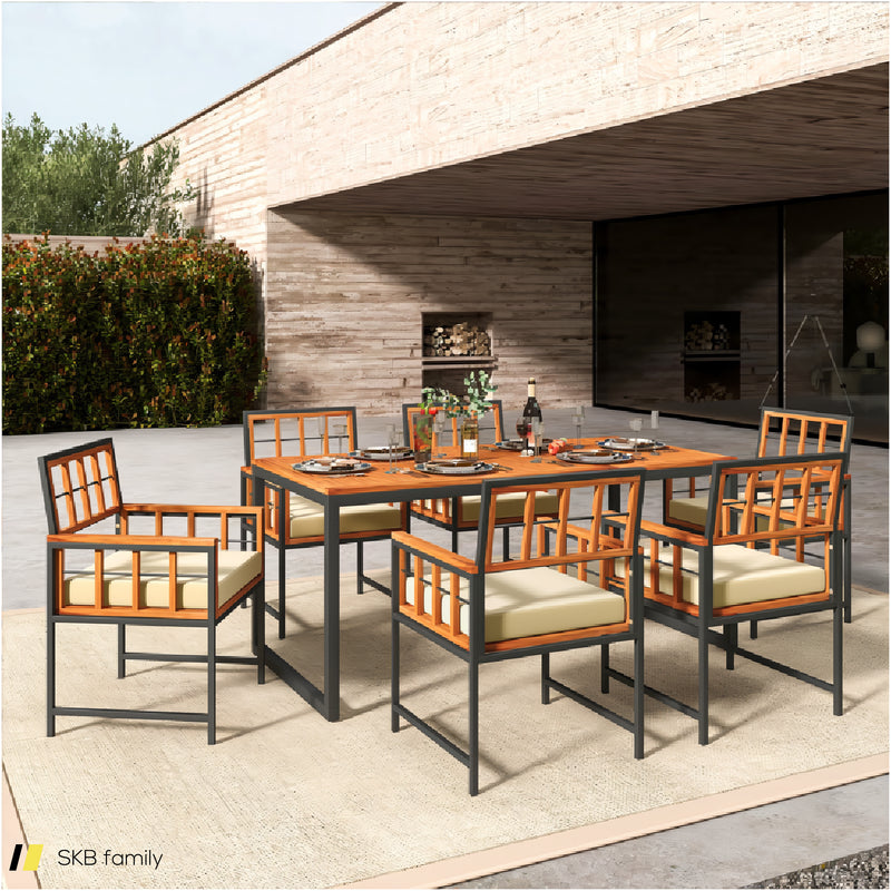 7 Pieces Patio Acacia Wood Dining Set With Soft Cushions And Umbrella Hole 240615-229308