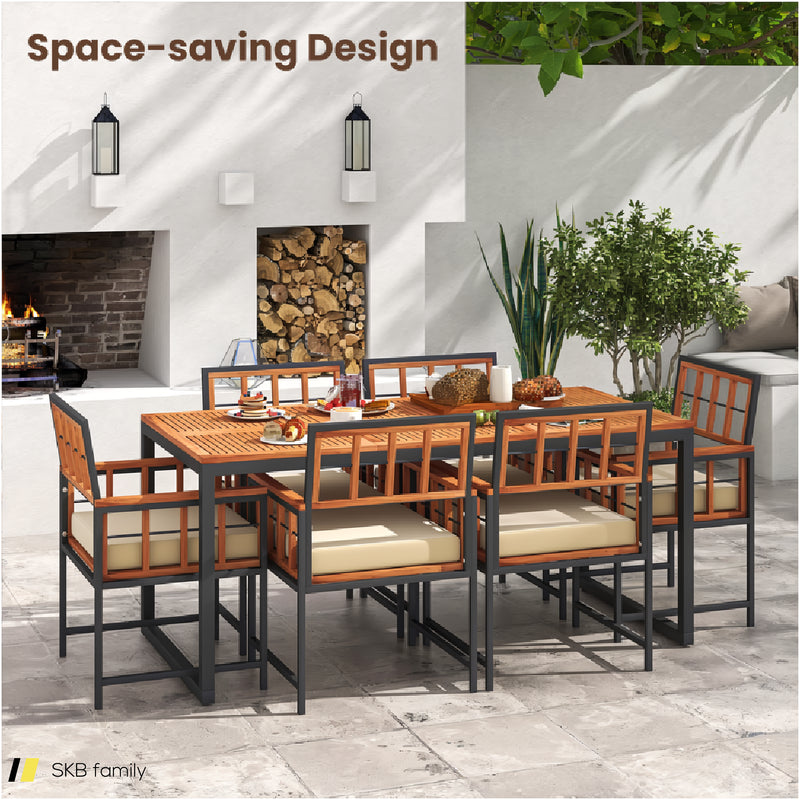 7 Pieces Patio Acacia Wood Dining Set With Soft Cushions And Umbrella Hole 240615-229308