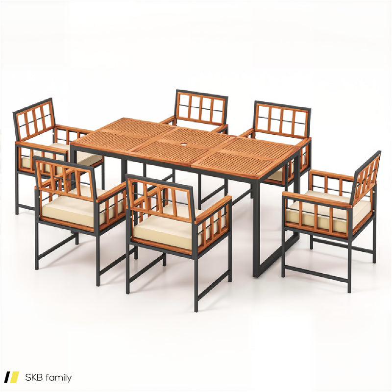 7 Pieces Patio Acacia Wood Dining Set With Soft Cushions And Umbrella Hole 240615-229308