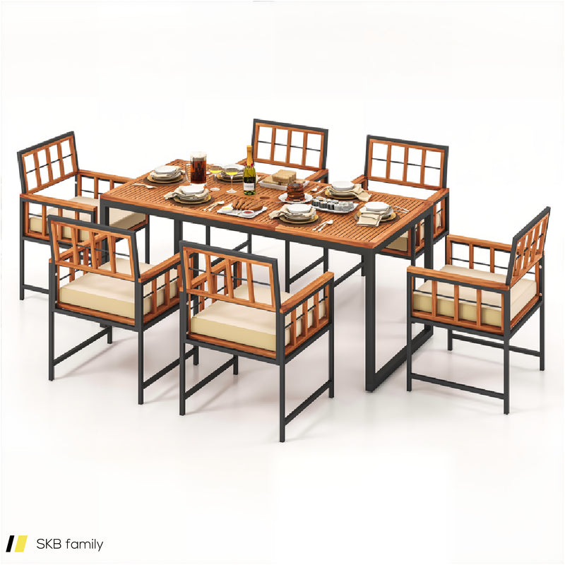 7 Pieces Patio Acacia Wood Dining Set With Soft Cushions And Umbrella Hole 240615-229308