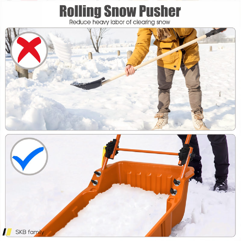 Folding Snow Pusher Scoop Shovel With Wheels And Handle 240615-229309