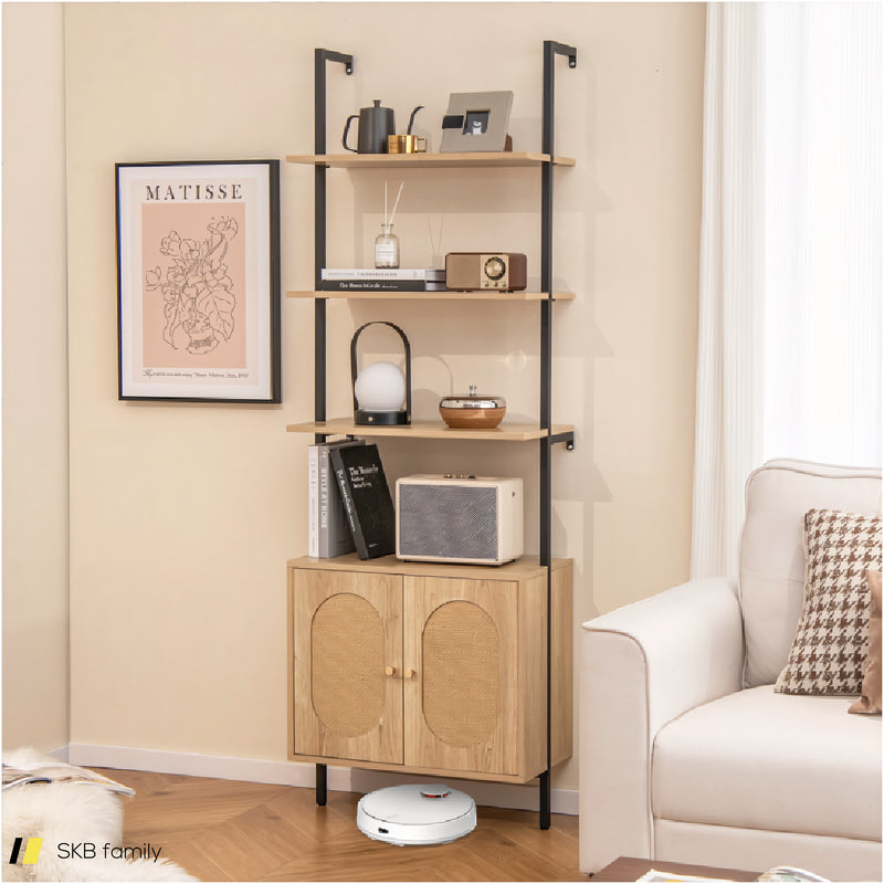 71 Inch 6-Tier Wall Mounted Ladder Bookshelf With Rattan Cabinet 240615-229310