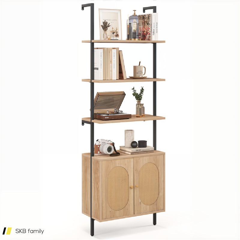 71 Inch 6-Tier Wall Mounted Ladder Bookshelf With Rattan Cabinet 240615-229310