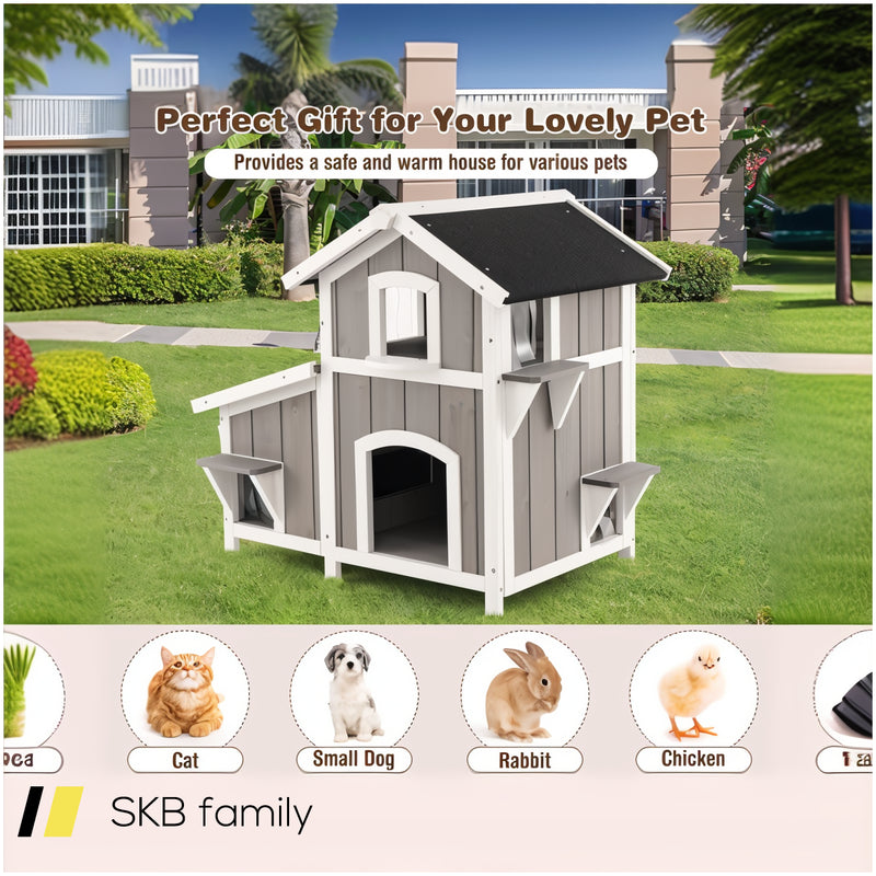 Outdoor 2-Story Wooden Feral Cat House With Escape Door 240615-229311