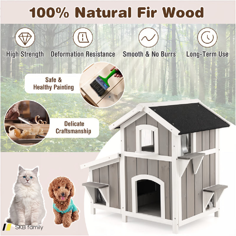 Outdoor 2-Story Wooden Feral Cat House With Escape Door 240615-229311