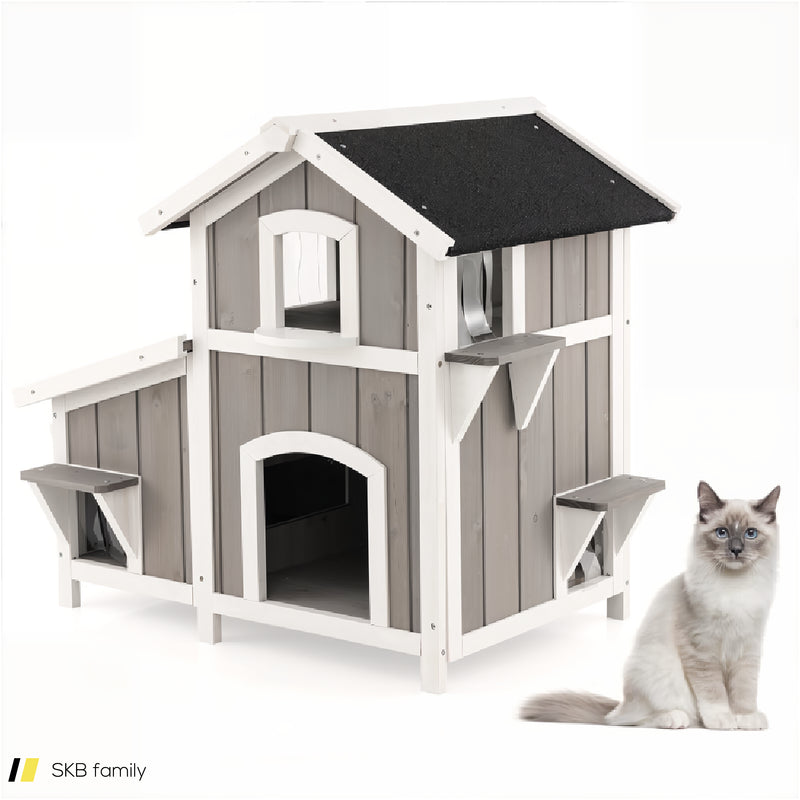 Outdoor 2-Story Wooden Feral Cat House With Escape Door 240615-229311