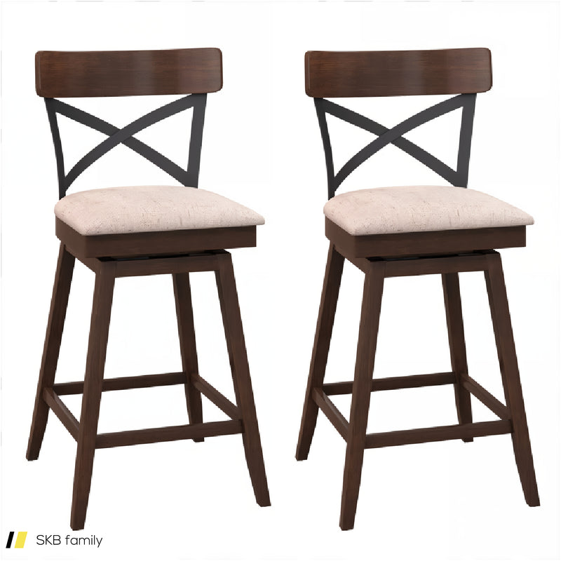 Set Of 2 Wooden Swivel Bar Stools With Cushioned Seat And Open X Back 240615-229314