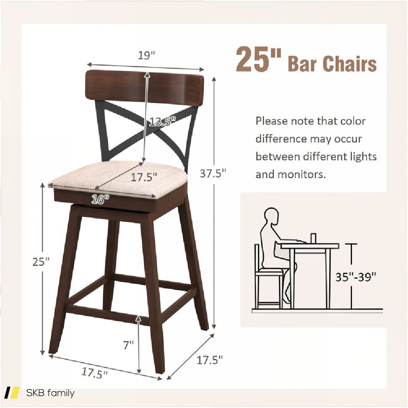 Set Of 2 Wooden Swivel Bar Stools With Cushioned Seat And Open X Back 240615-229314