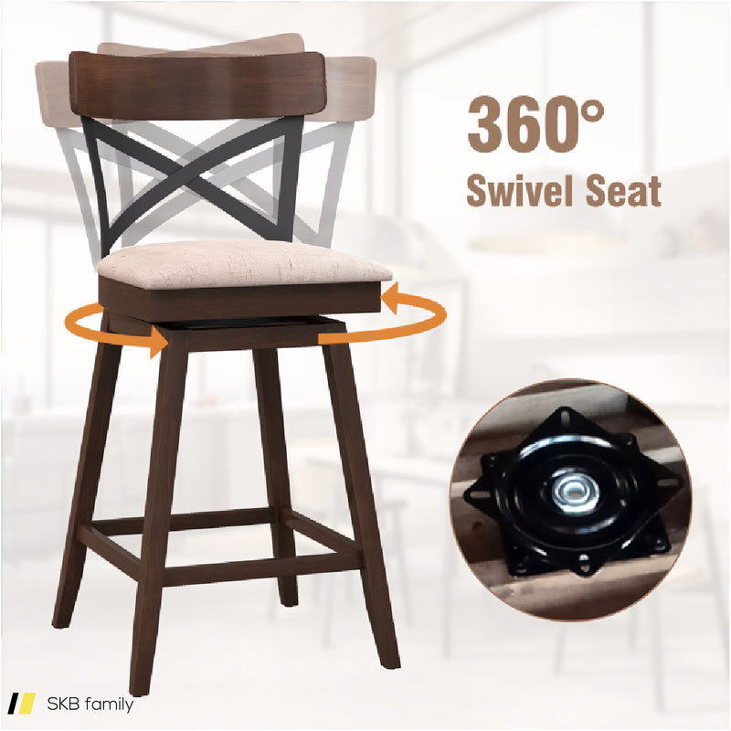 Set Of 2 Wooden Swivel Bar Stools With Cushioned Seat And Open X Back 240615-229314