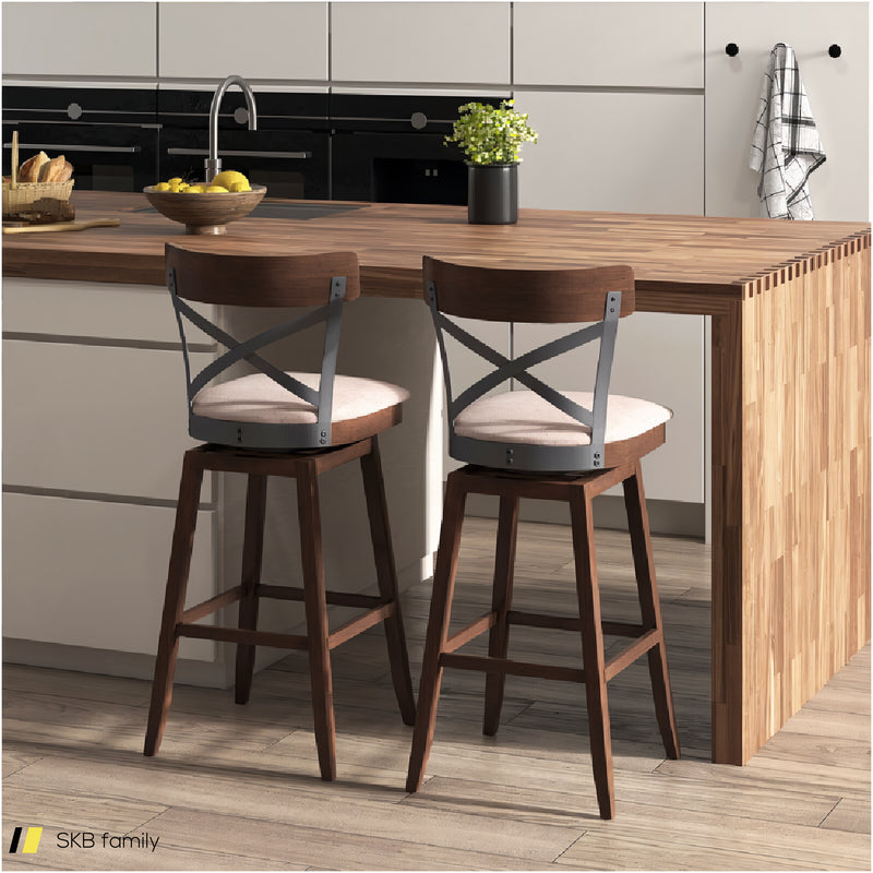 Set Of 2 Wooden Swivel Bar Stools With Cushioned Seat And Open X Back 240615-229314