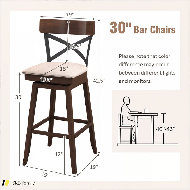 Set Of 2 Wooden Swivel Bar Stools With Cushioned Seat And Open X Back 240615-229314