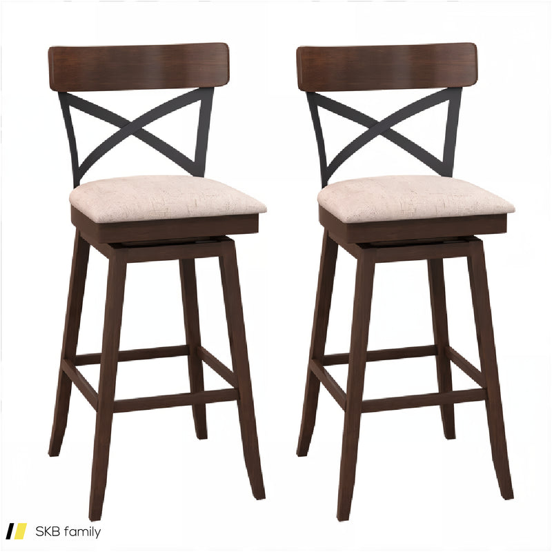 Set Of 2 Wooden Swivel Bar Stools With Cushioned Seat And Open X Back 240615-229314