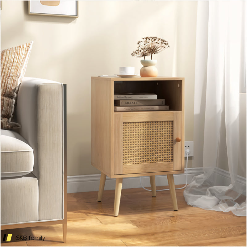 Rattan Nightstand With Charging Station Bedside Table With Usb Ports And Pe Rattan Door 240615-229322