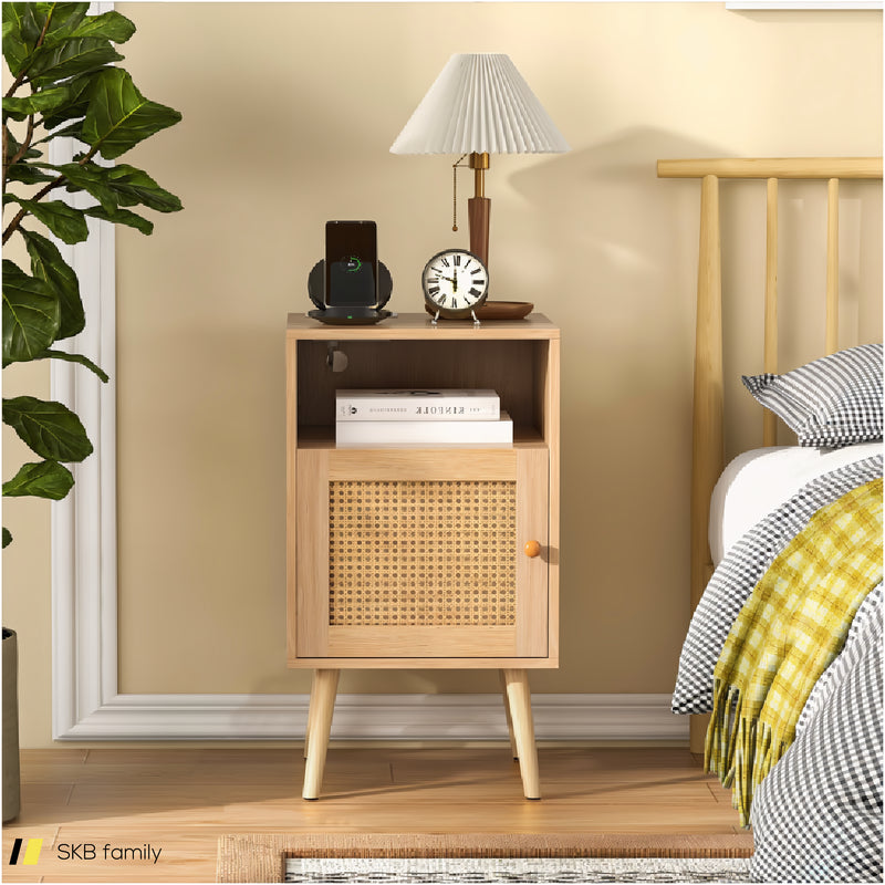 Rattan Nightstand With Charging Station Bedside Table With Usb Ports And Pe Rattan Door 240615-229322