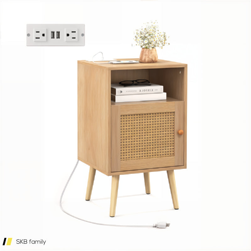 Rattan Nightstand With Charging Station Bedside Table With Usb Ports And Pe Rattan Door 240615-229322