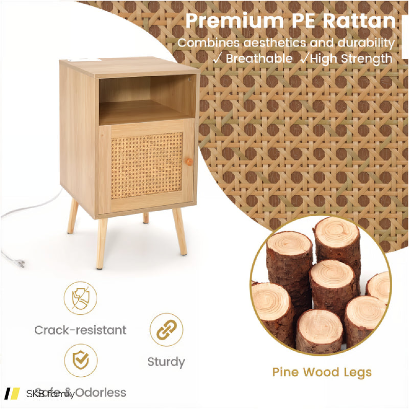 Rattan Nightstand With Charging Station Bedside Table With Usb Ports And Pe Rattan Door 240615-229322