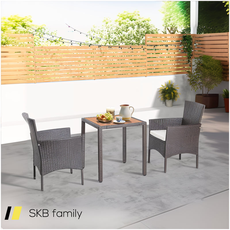 3 Pieces Patio Wicker Furniture Set Wih Acacia Wood Table Top And Chair Cushiones 240615-229334