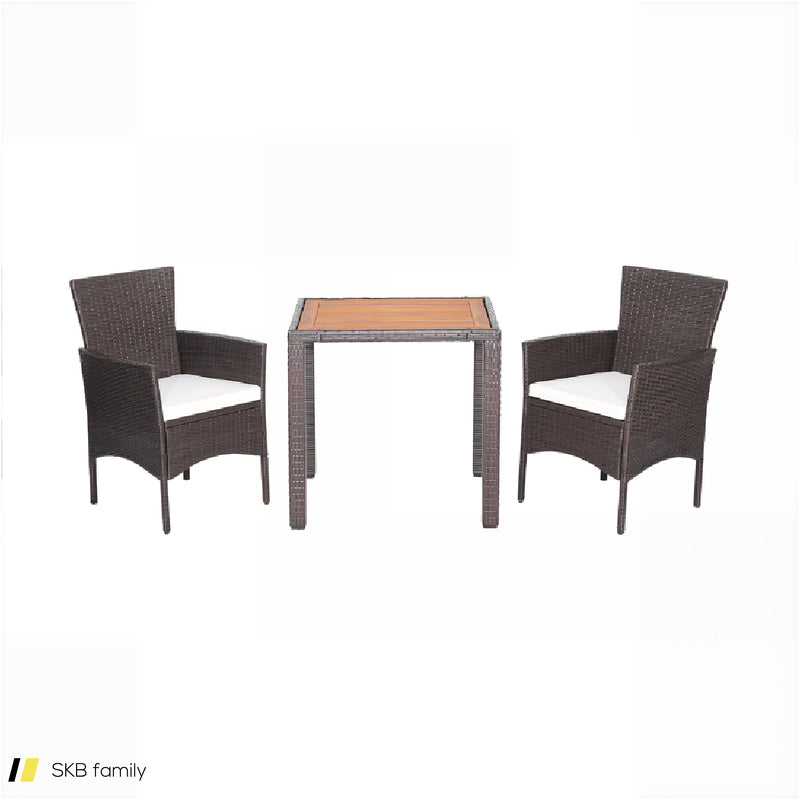 3 Pieces Patio Wicker Furniture Set Wih Acacia Wood Table Top And Chair Cushiones 240615-229334