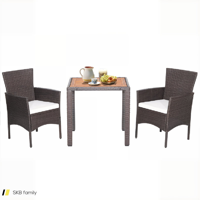 3 Pieces Patio Wicker Furniture Set Wih Acacia Wood Table Top And Chair Cushiones 240615-229334