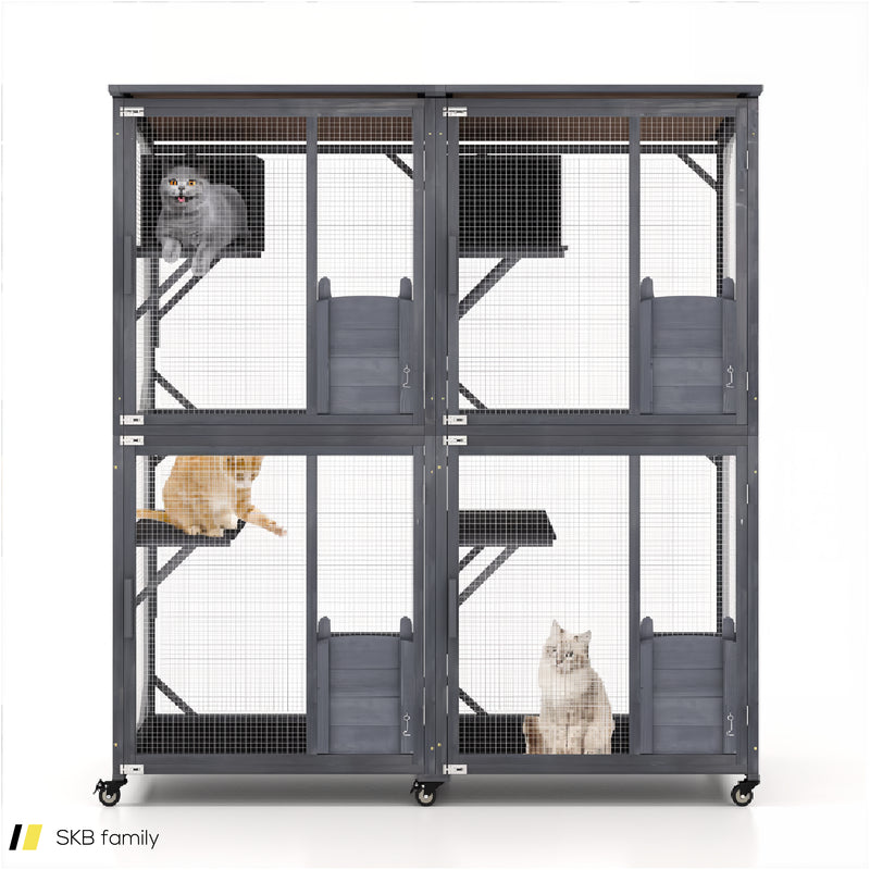 72 Inch Large Wooden Cat House Catio Kitten Enclosure On Wheels With Weatherproof Asphalt Roof 240615-229352