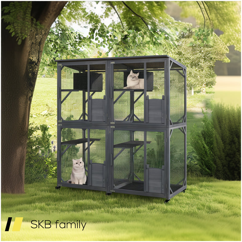 72 Inch Large Wooden Cat House Catio Kitten Enclosure On Wheels With Weatherproof Asphalt Roof 240615-229352