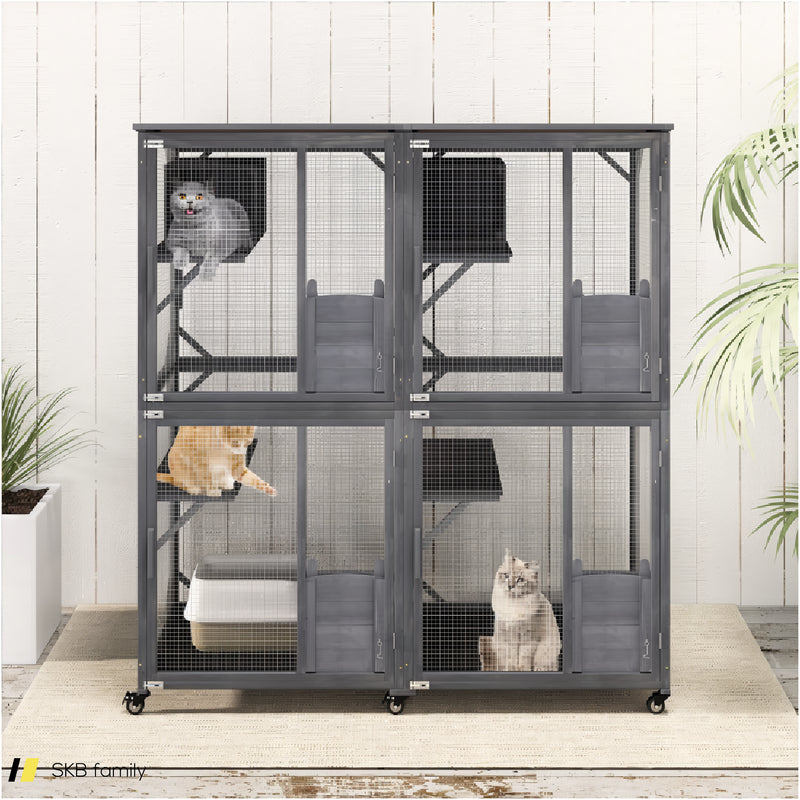 72 Inch Large Wooden Cat House Catio Kitten Enclosure On Wheels With Weatherproof Asphalt Roof 240615-229352