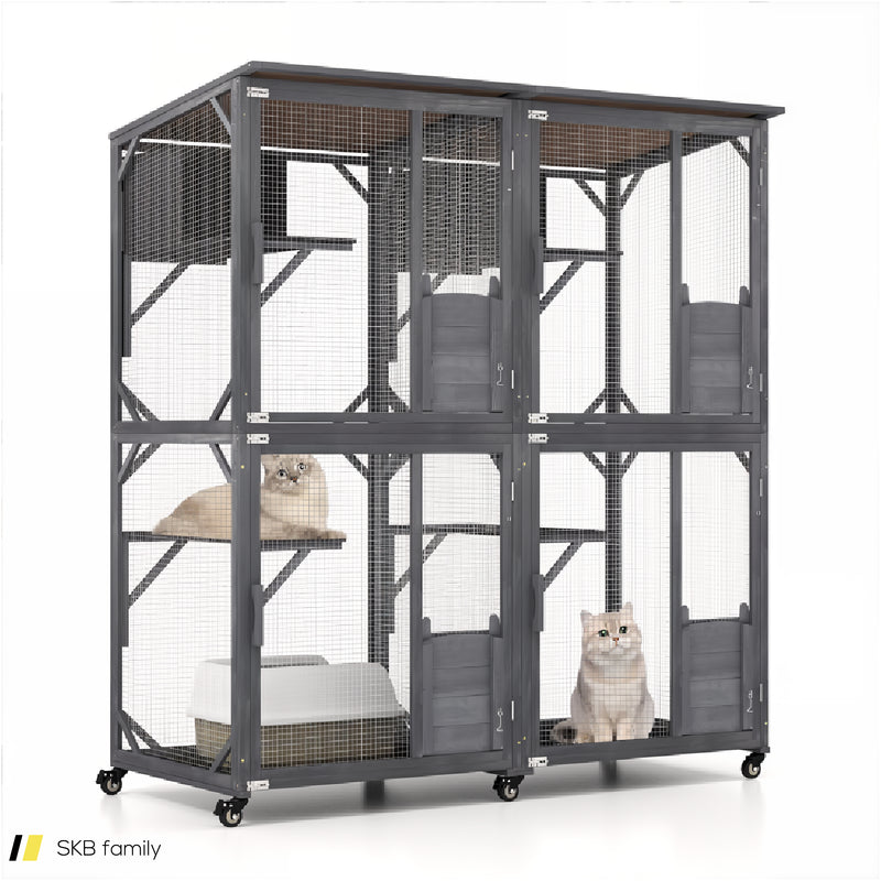 72 Inch Large Wooden Cat House Catio Kitten Enclosure On Wheels With Weatherproof Asphalt Roof 240615-229352