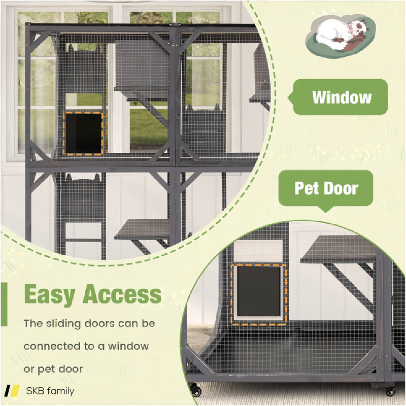 72 Inch Large Wooden Cat House Catio Kitten Enclosure On Wheels With Weatherproof Asphalt Roof 240615-229352