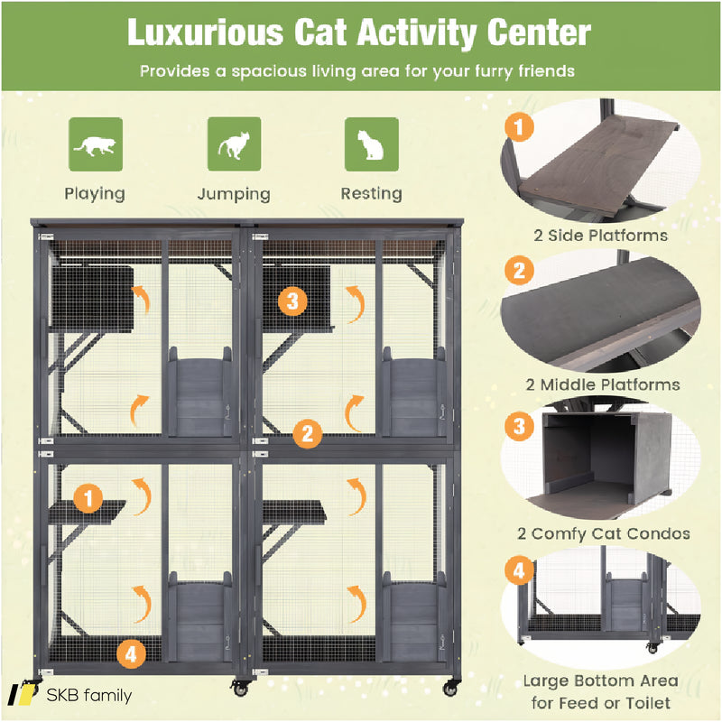 72 Inch Large Wooden Cat House Catio Kitten Enclosure On Wheels With Weatherproof Asphalt Roof 240615-229352